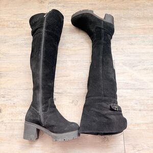 Basto Sherpa Lined Black Suede Knee High Boots Women’s Size 225 Wide Calf Chunky